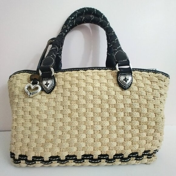 Brighton Handbags - Brighton Woven Purse Natural Straw and Black Leather Heart Medallion Fob